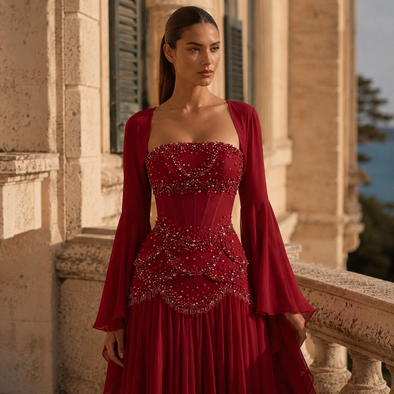 Burgundy Pearl Tassel Evening Gown