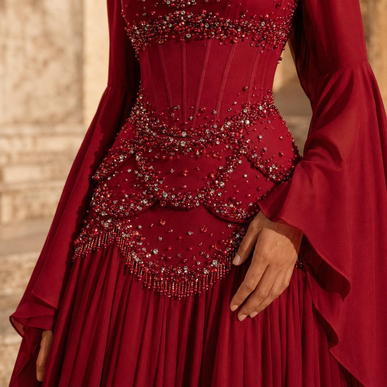 Burgundy Pearl Tassel Evening Gown