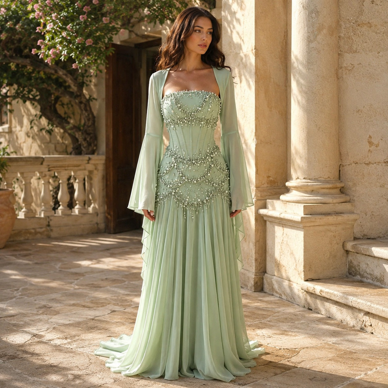 Sequined Corset Two-Piece Gown Ivory