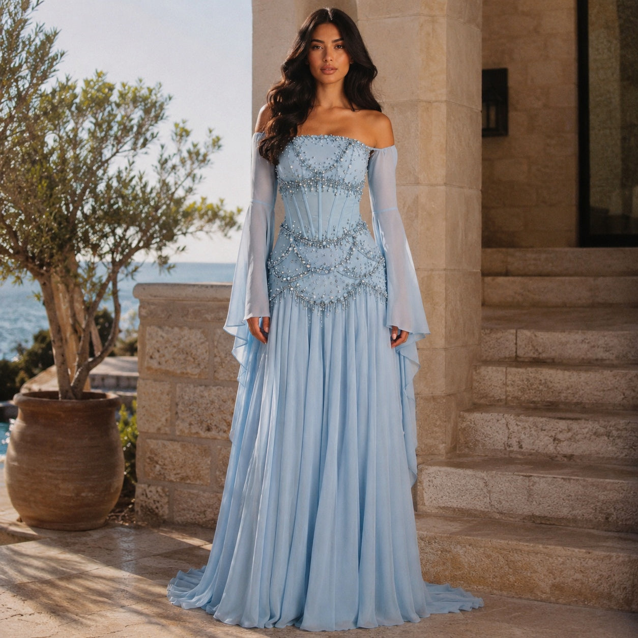 Sequined Corset Two-Piece Gown Blue
