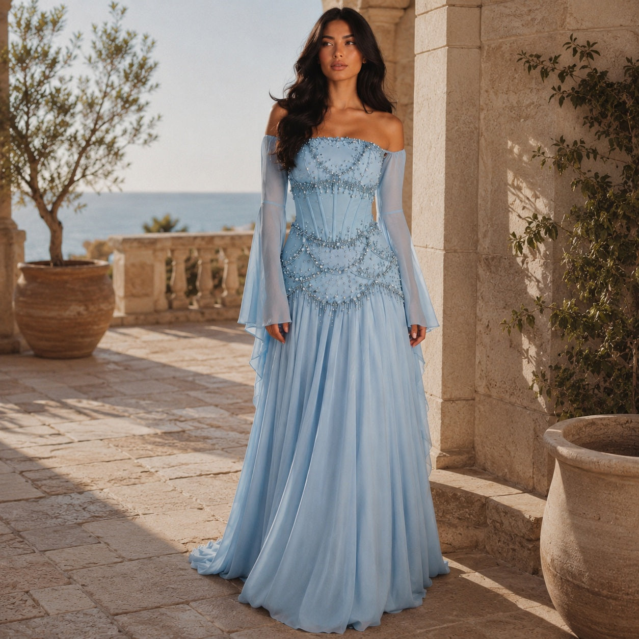 Sequined Corset Two-Piece Gown Blue