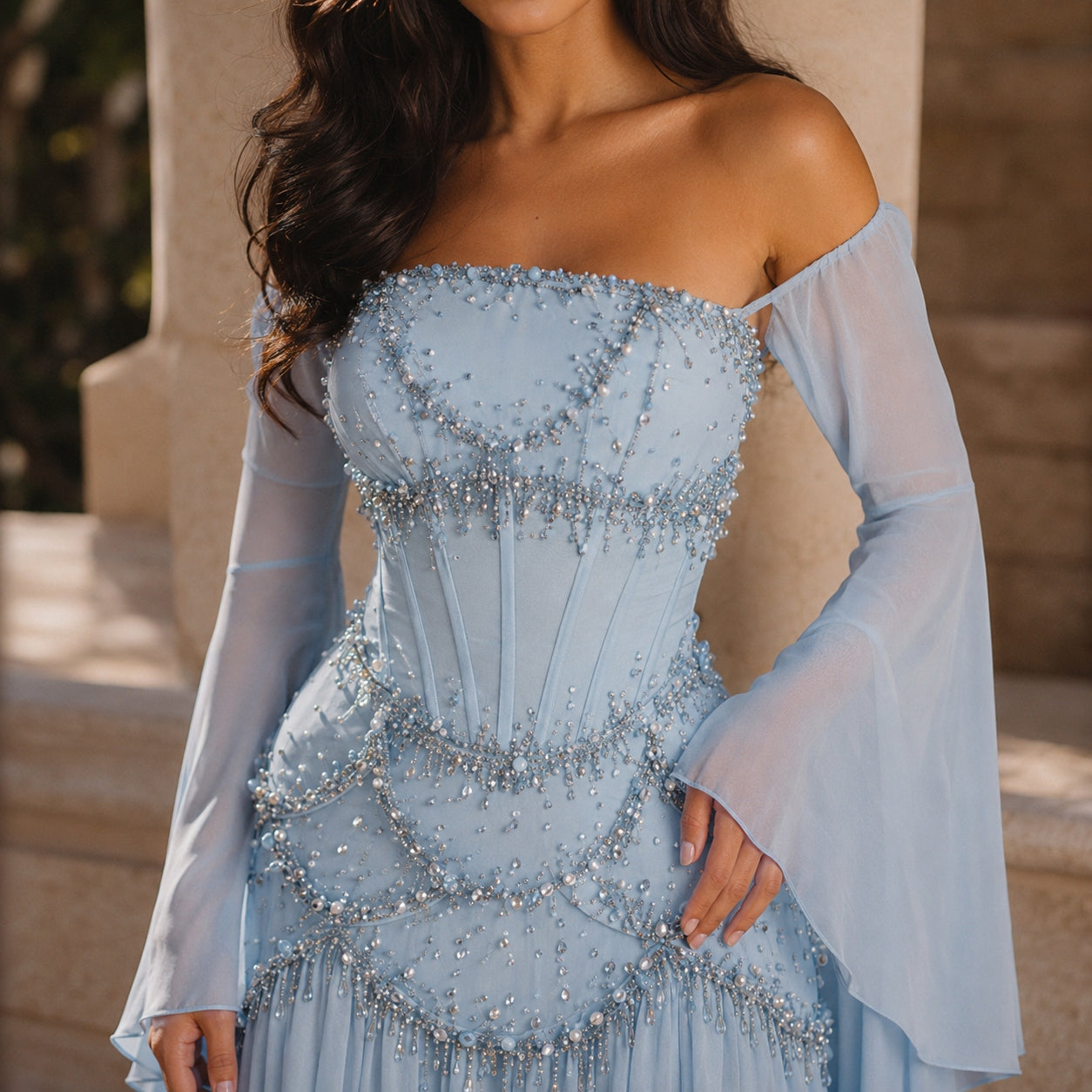 Sequined Corset Two-Piece Gown Blue