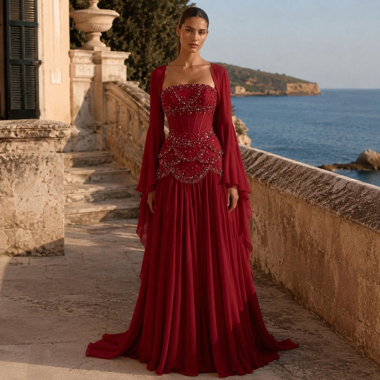 Burgundy Pearl Tassel Evening Gown