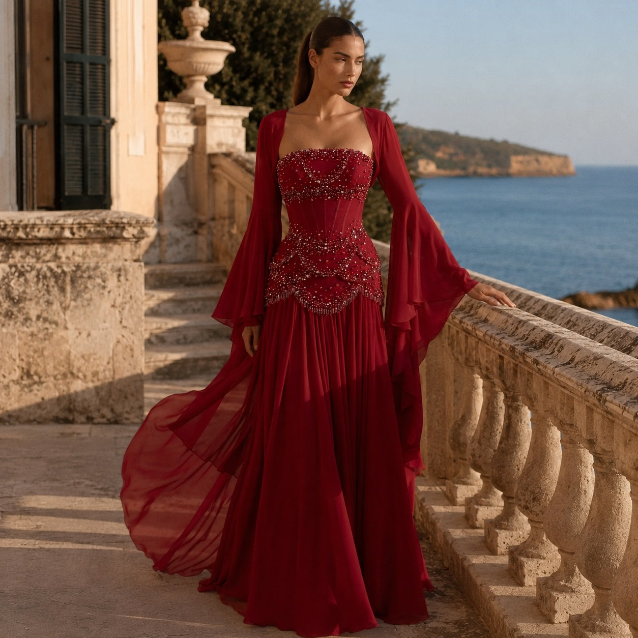 Burgundy Pearl Tassel Evening Gown