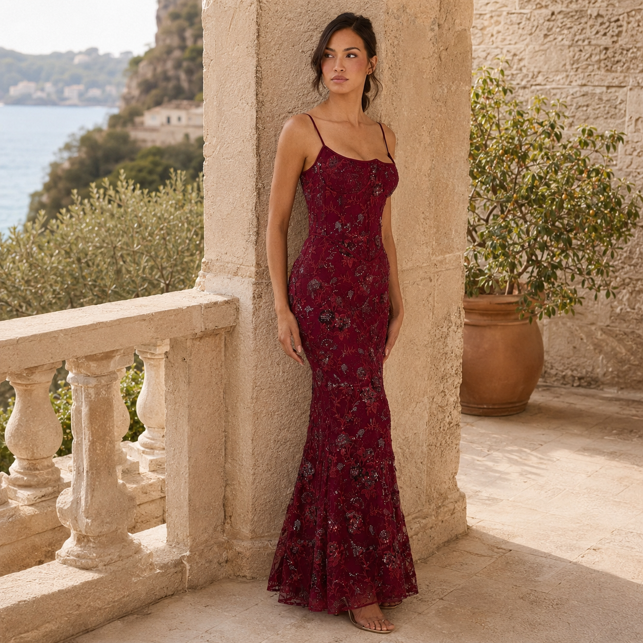 Red Bustier Maxi Dress