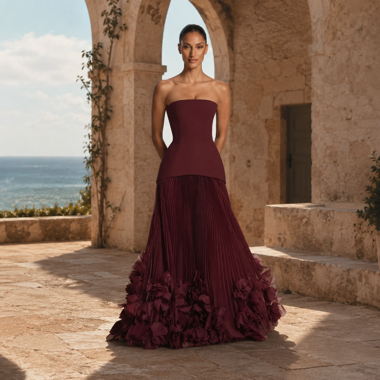 Burgundy 3D Floral Maxi Dress