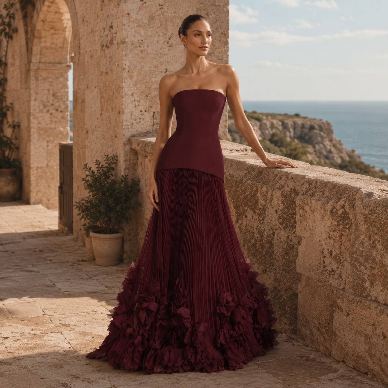 Burgundy 3D Floral Maxi Dress