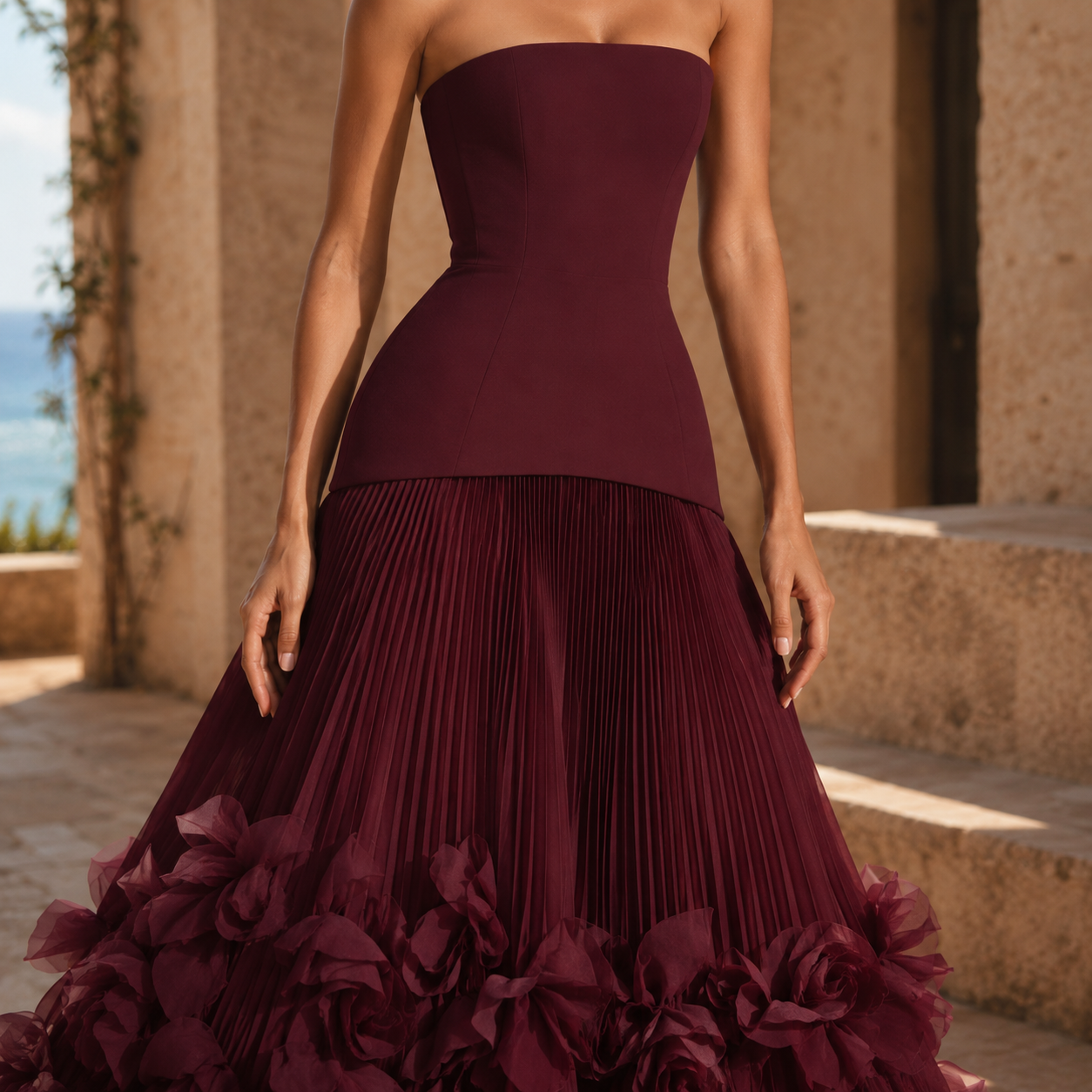 Burgundy 3D Floral Maxi Dress