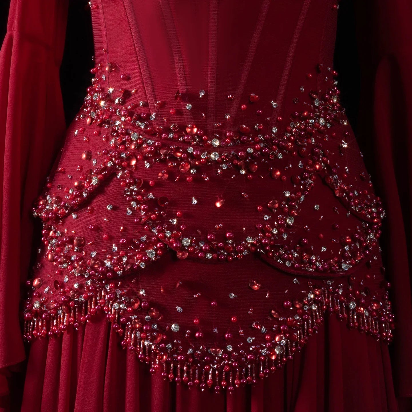 Burgundy Pearl Tassel Evening Gown