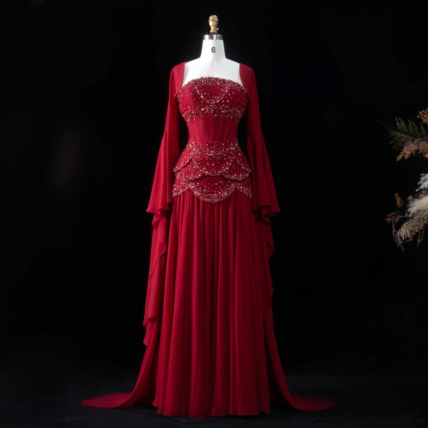 Burgundy Pearl Tassel Evening Gown